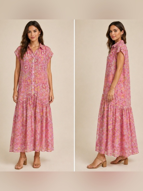 Misa Los Angeles Dresses & Skirts - MISA Los Angeles Pink Floral Maxi Dress XS Oversized boho Sheer Lightweight